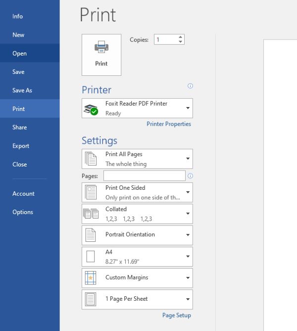 Truy cập cài đặt in