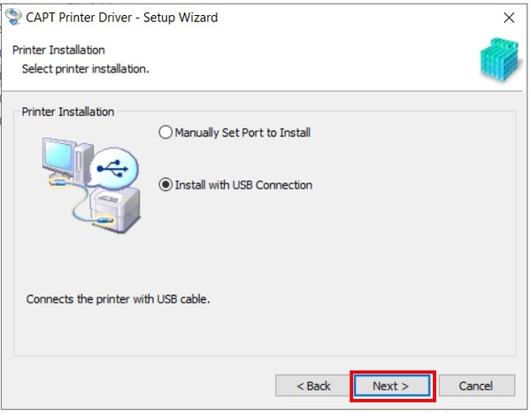 Chọn “Install with USB Connection” để cài đặt máy in