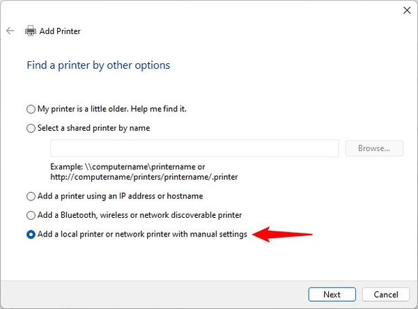 Chọn “Add a local printer or network printer with manual setting”