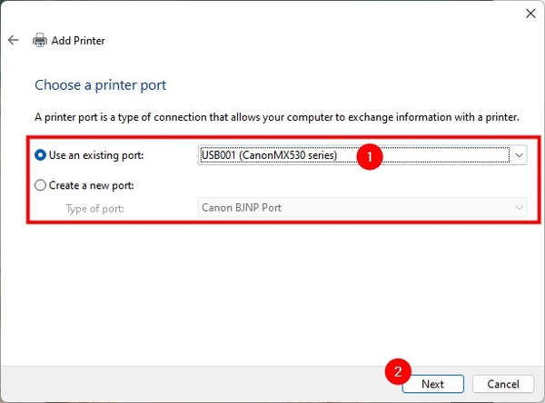 Chọn “Use an existing port”
