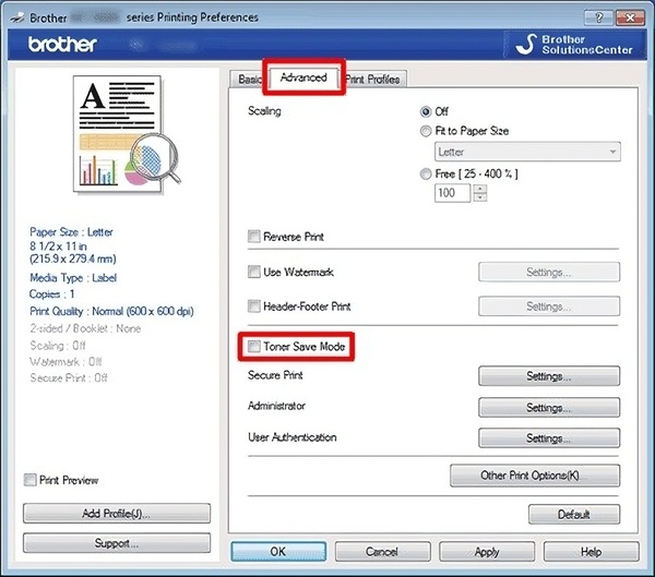 Tuỳ chọn Toner Save Mode để chỉnh mực đậm nhạt cho máy in Brother
