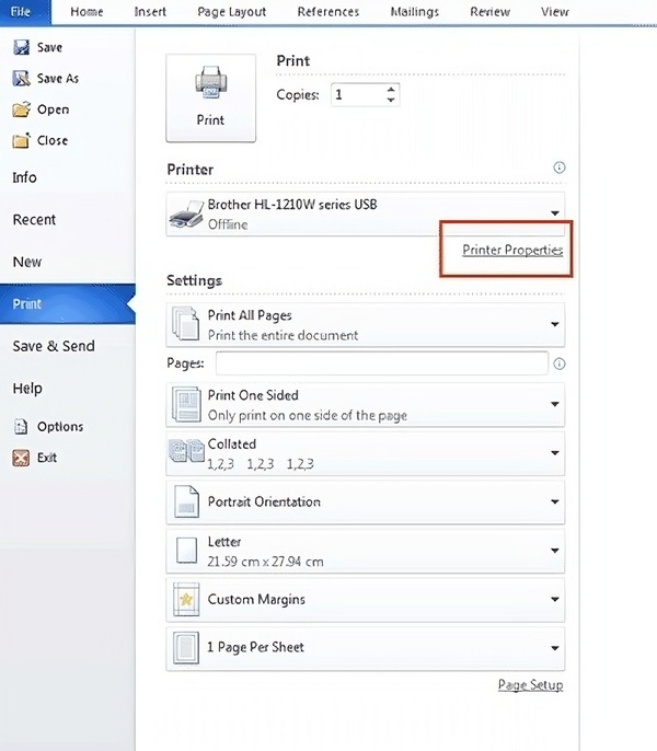 Vào cửa sổ Printing Preferences để tăng độ đậm cho máy in Brother