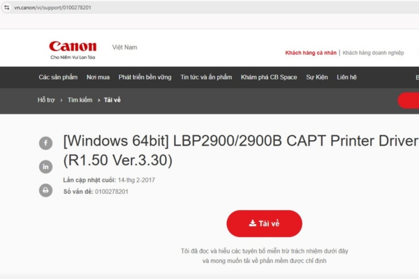Truy cập trang web chính thức của Canon để tải Driver