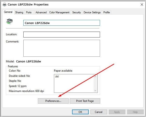 Mở tùy chọn in bằng cách nhấp vào “Printer Preferences”