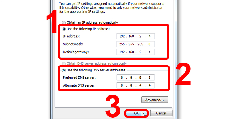 Tích vào “Use the following IP address” để cài đặt IP tĩnh