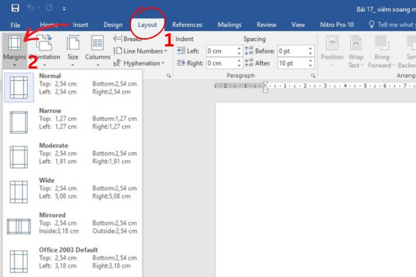Chọn tùy chỉnh lề trên Word