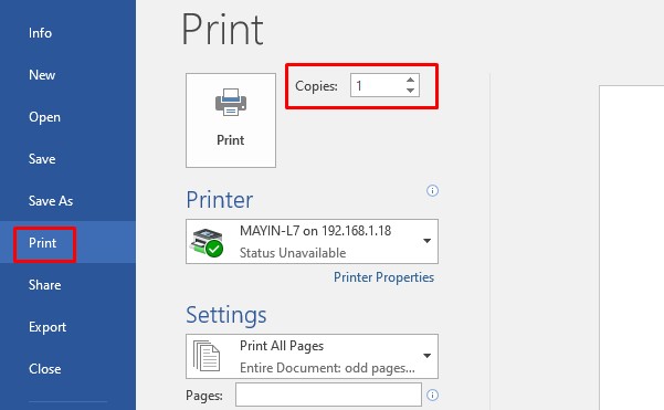 Chọn máy in và số bản in mong muốn