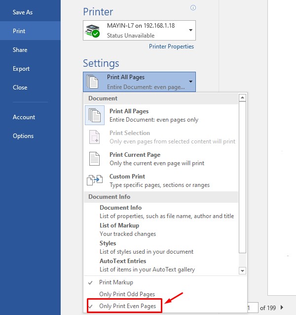 Chọn “Only Print Even Page” ở cuối trang