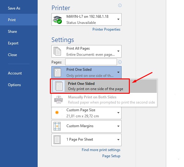 Nhấn chọn “Print One Sided” để tiến hành in 2 mặt