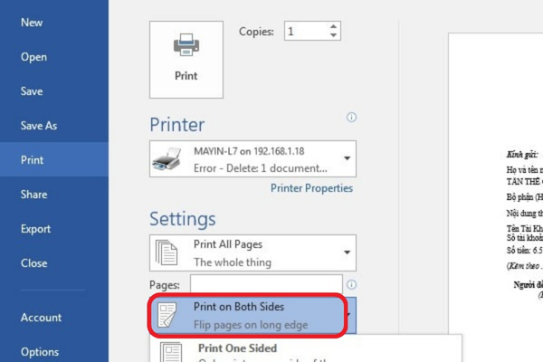Chọn “Print on Both Sides” để tiến hành in 2 mặt máy in Canon LBP 223dw