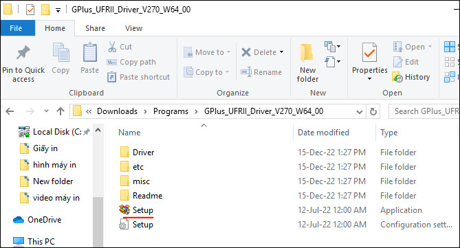 Mở thư mục chứa file driver và nhấn vào Setup