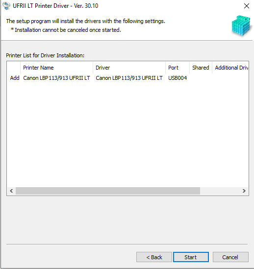 Bấm Start để bắt đầu cài đặt driver cho máy in