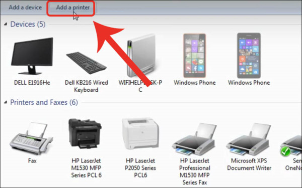 Mở Devices and Printers và thêm máy in qua cổng USB 